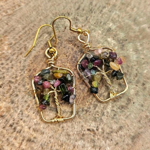 Nature Mixed Tourmaline Chips Crystal Tree Earring - Picture 8 of 10